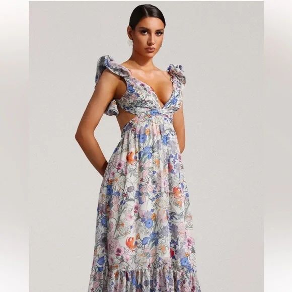 NWT Sunfere Floral Cut Out Maxi Dress Size Medium Lace Up Back Ruffles Flowy - Picture 7 of 14